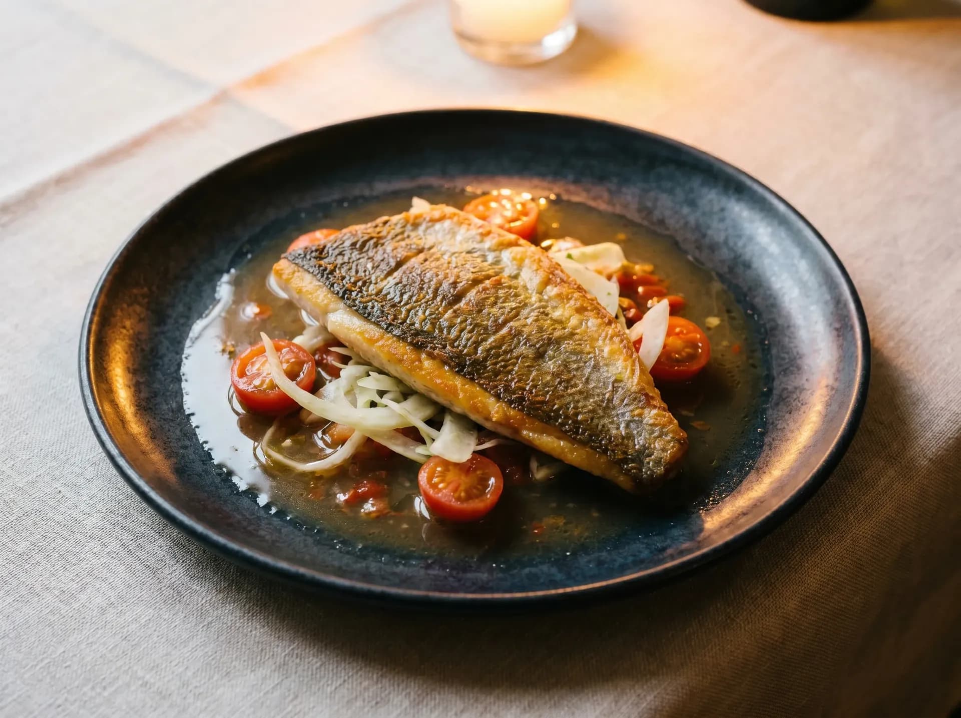 Filet de loup de mer sauvage, vierge de tomates cerises, fenouil de cabanon