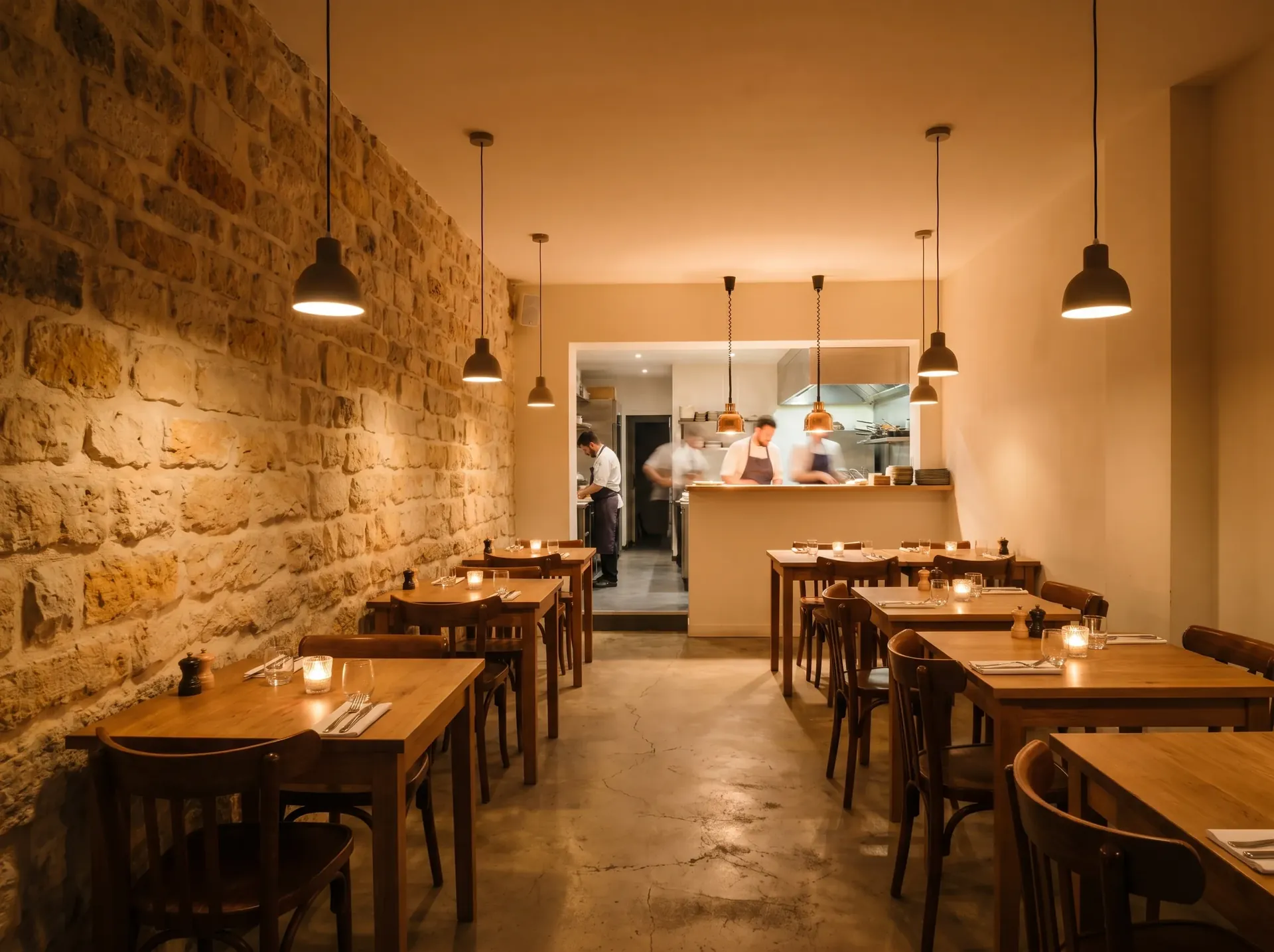 La salle du Comptoir d'Émile — calcaire apparent et cuisine ouverte